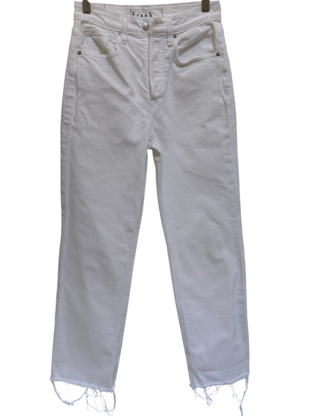 Frank & Eileen Monaghan High-Rise Straight Leg Raw Hems Ankle Jean White USA 25